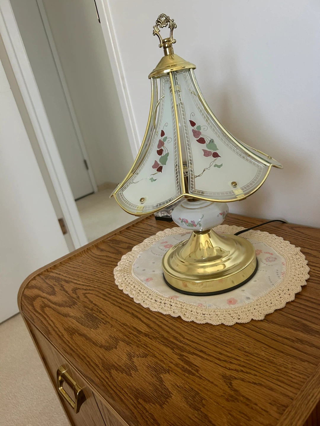Two Vintage Brass and Floral Glass Touch Lamp