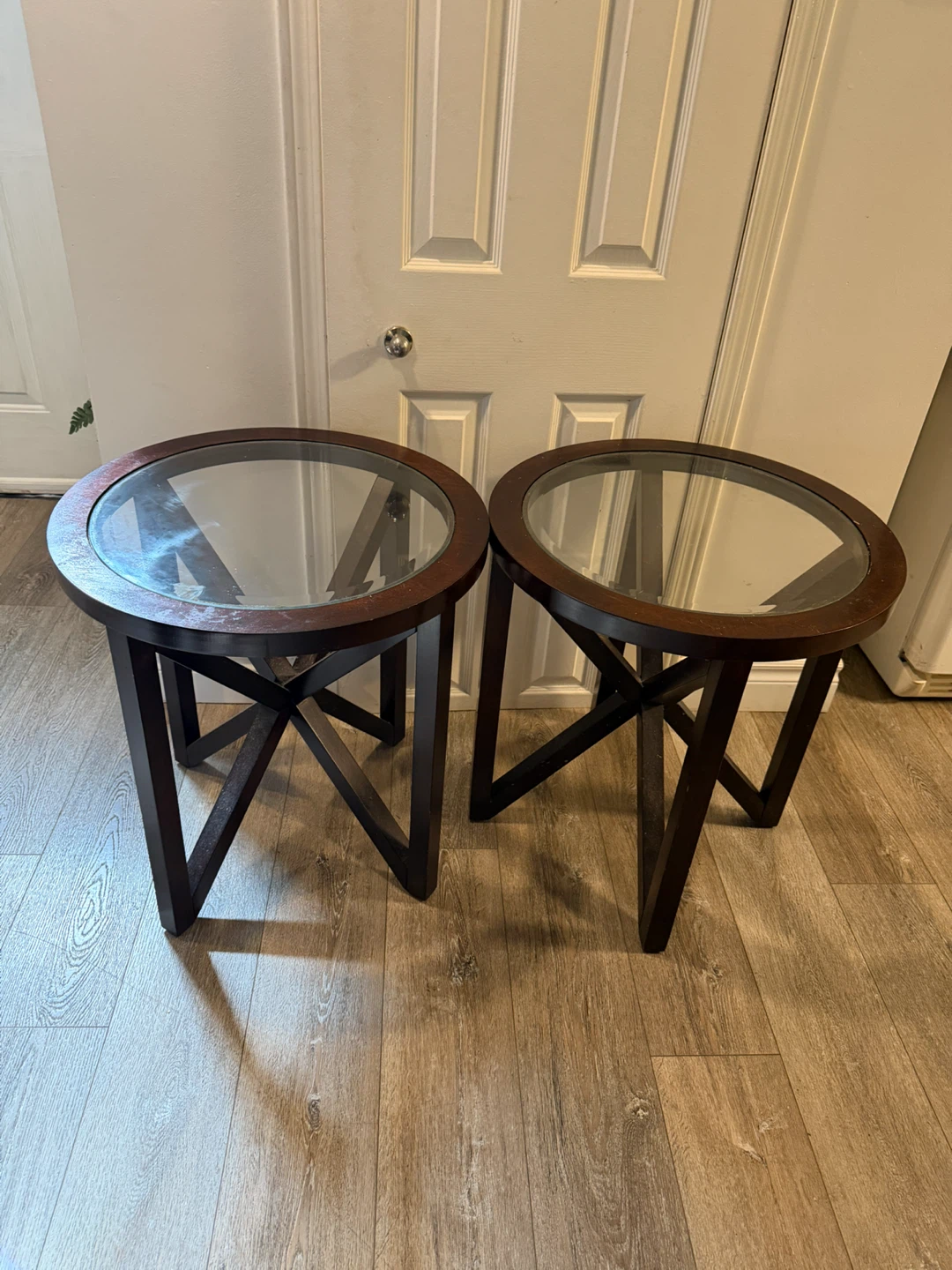 Set of Two Round Wooden Side Tables with Glass Tops