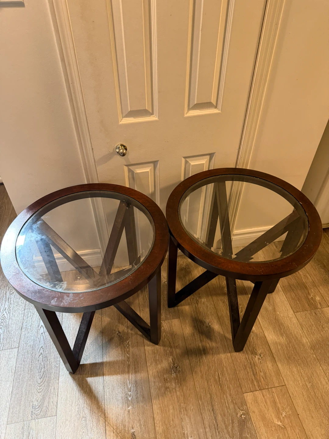 Set of Two Round Wooden Side Tables with Glass Tops - photo 2