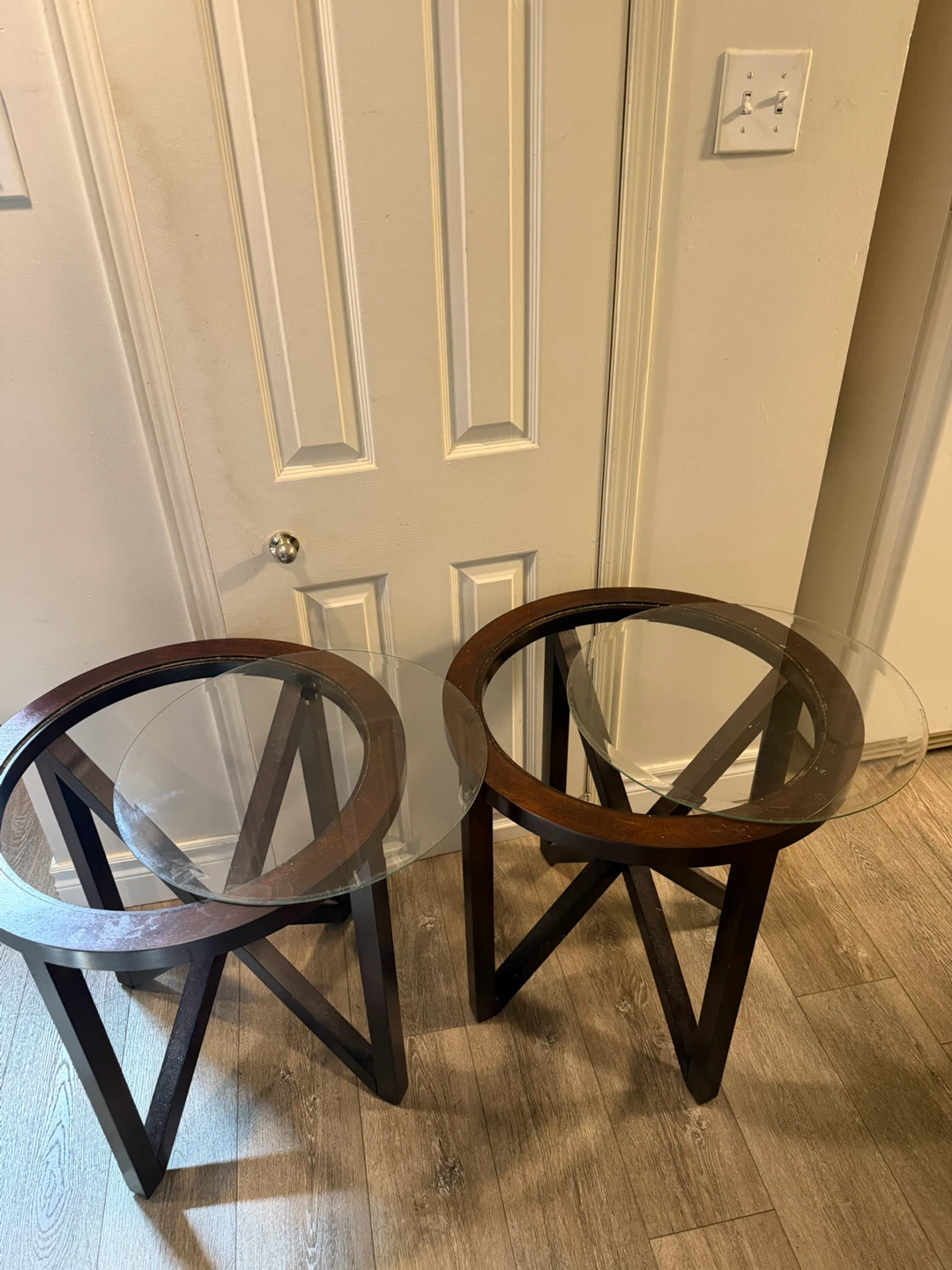 Set of Two Round Wooden Side Tables with Glass Tops - photo 4
