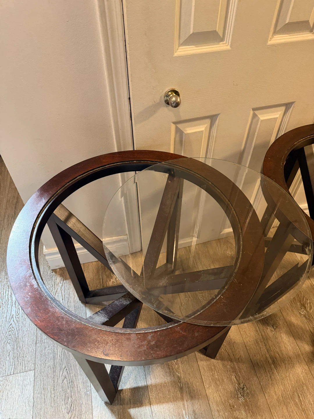 Set of Two Round Wooden Side Tables with Glass Tops - photo 5