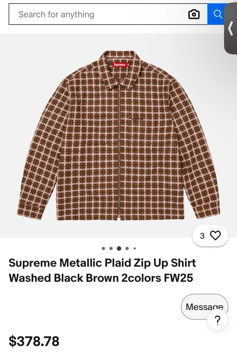 Supreme Metallic Plaid Zip Up Shirt
