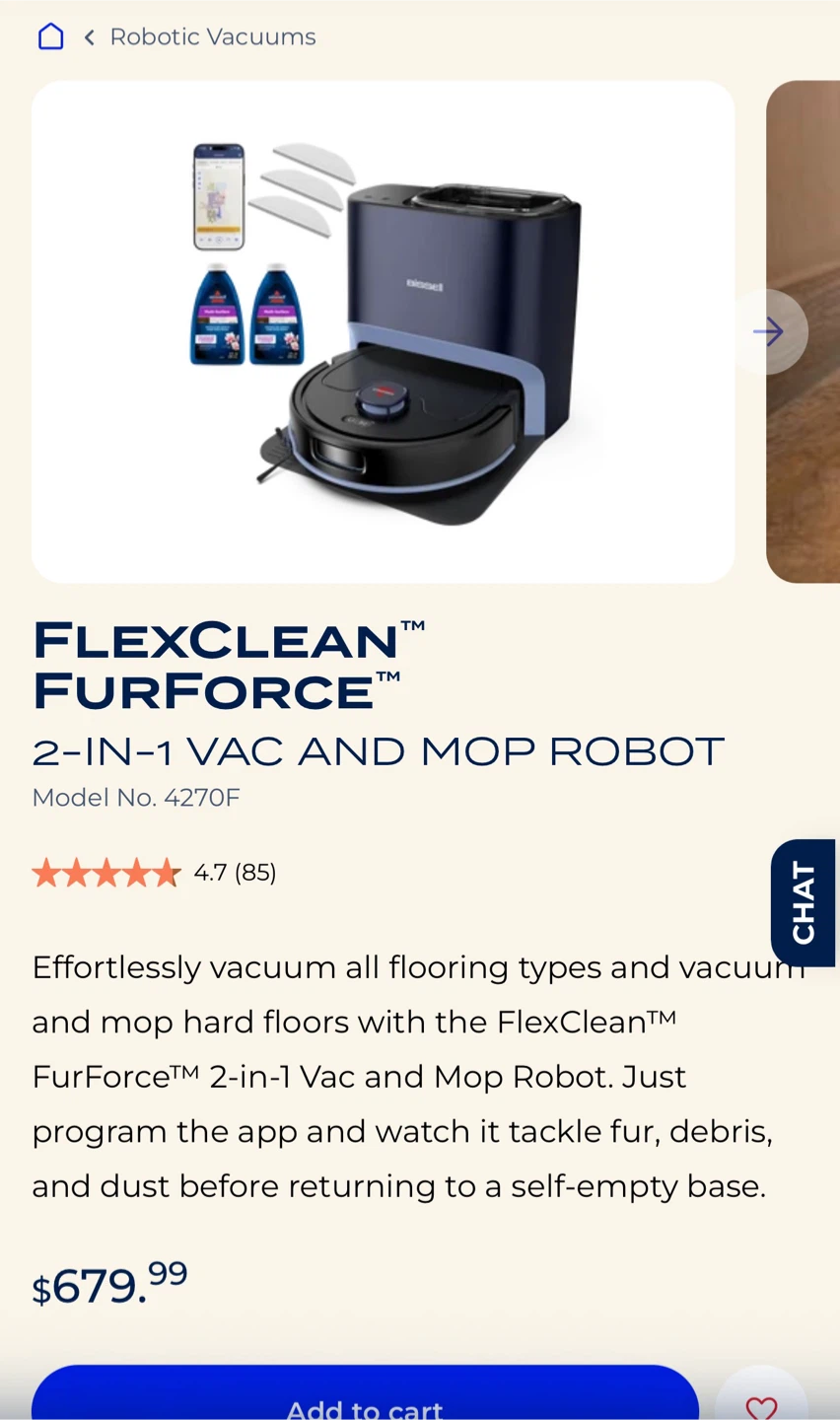 RSP 679$ Bissell FlexClean FurForce 2-in-1 Robot Vacuum and Mop