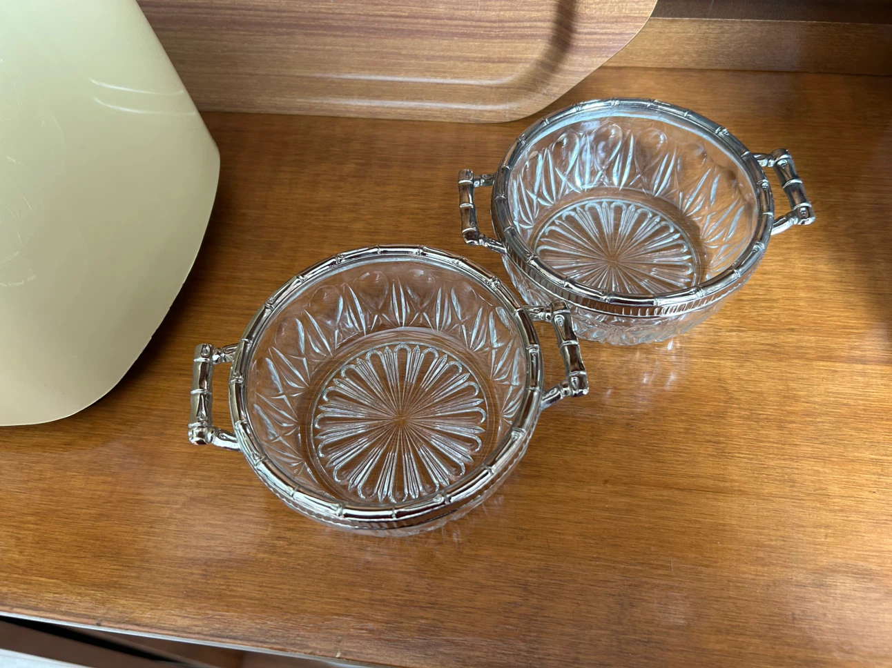Two Vintage Glass Bowls with Silver Bamboo Handles