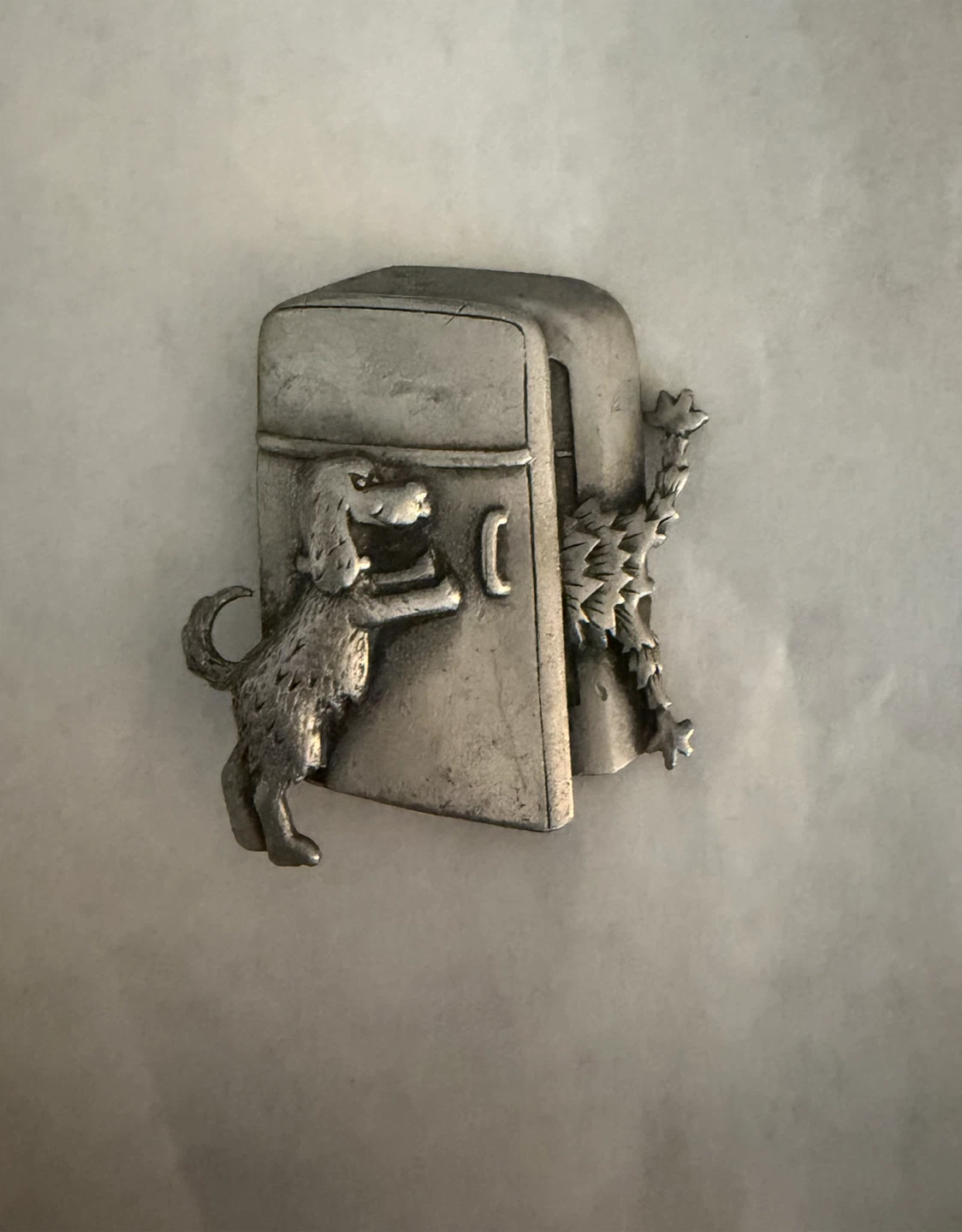 Vintage JJ dog and fridge pewter brooch