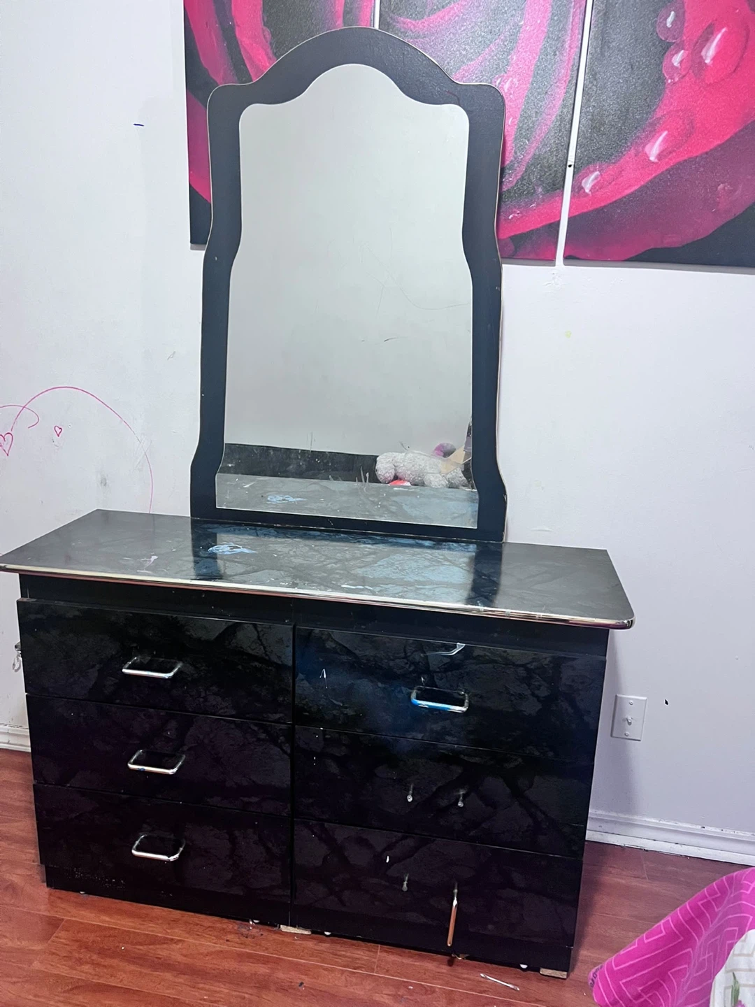 Black Marble Finish Bedroom Dresser with Mirror - photo 2