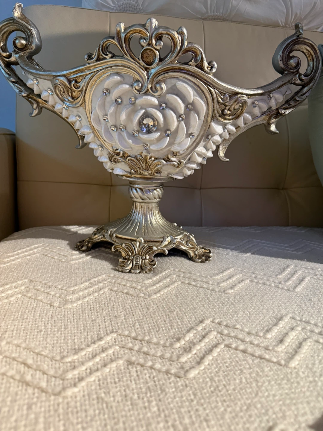 Decorative Ornate Silver and White Floral Bowl