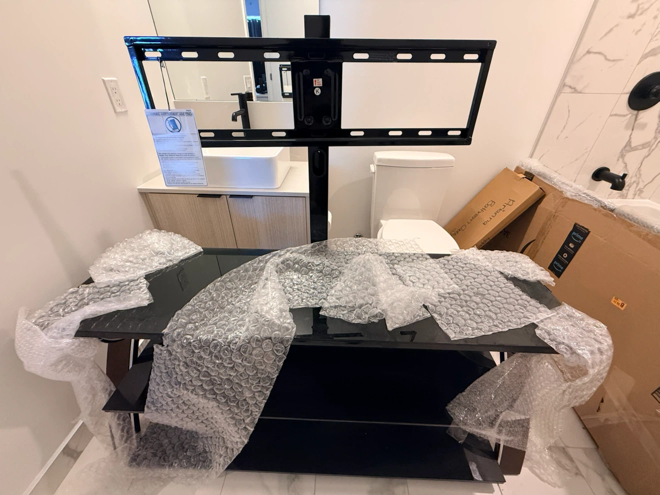 BRAND NEW: Black Glass TV Stand with Integrated Mount