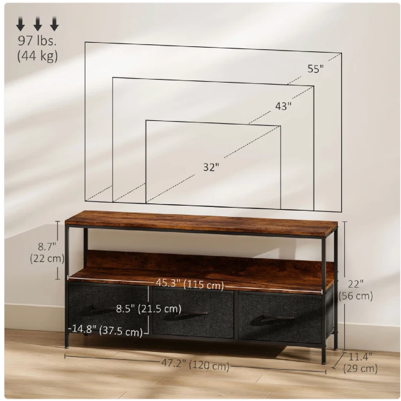 HOMCOM Industrial TV Stand with 3 Foldable Drawers - photo 3