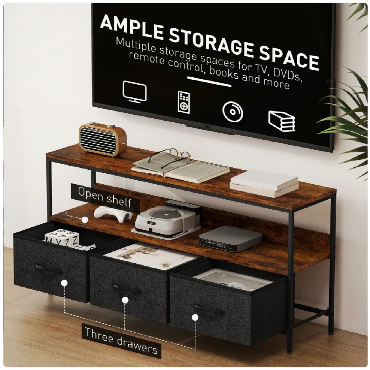 HOMCOM Industrial TV Stand with 3 Foldable Drawers - photo 4