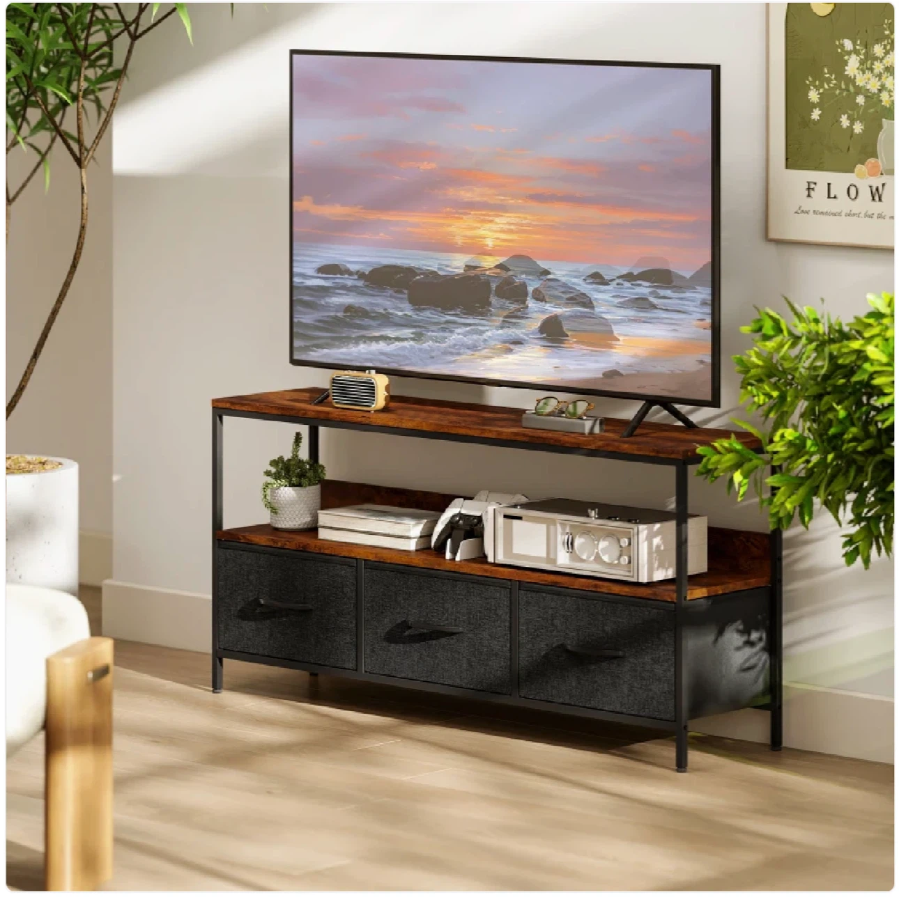 HOMCOM Industrial TV Stand with 3 Foldable Drawers