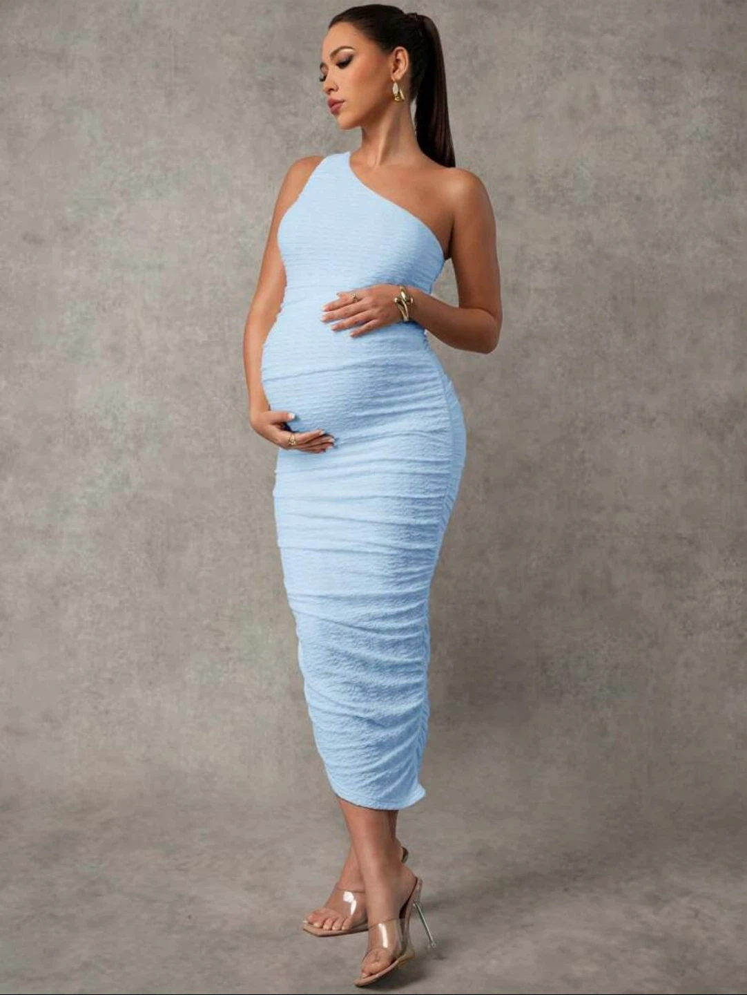 Light blue one-shoulder ruched dress