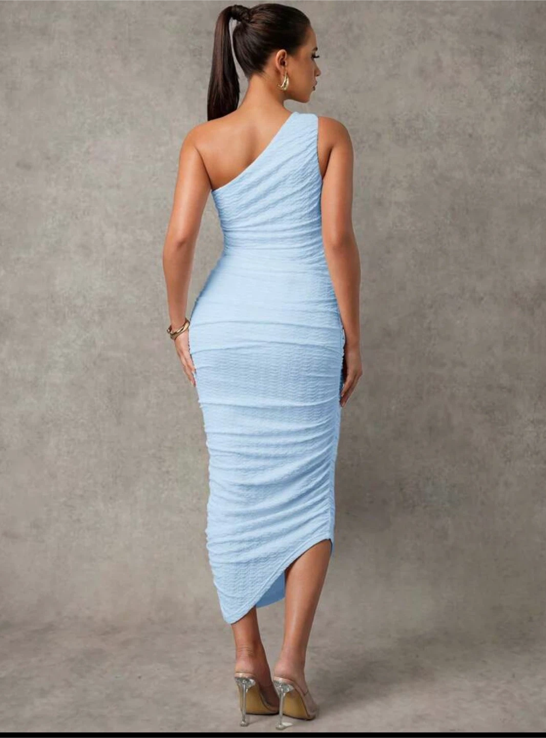 Light blue one-shoulder ruched dress - photo 2