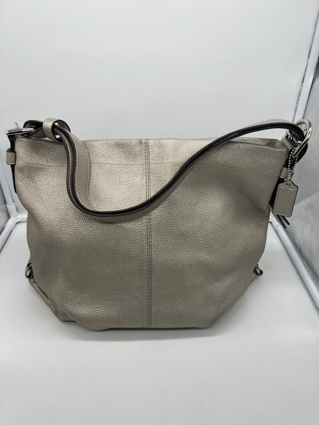 COACH F15064 Silver Pebble Leather Duffel Shoulder Crossbody Bag