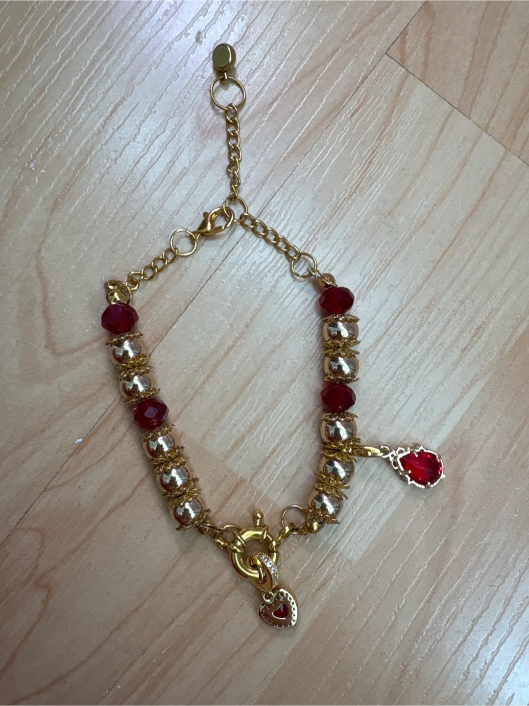 Gold-Tone Beaded Bracelet with Red Charms - photo 2