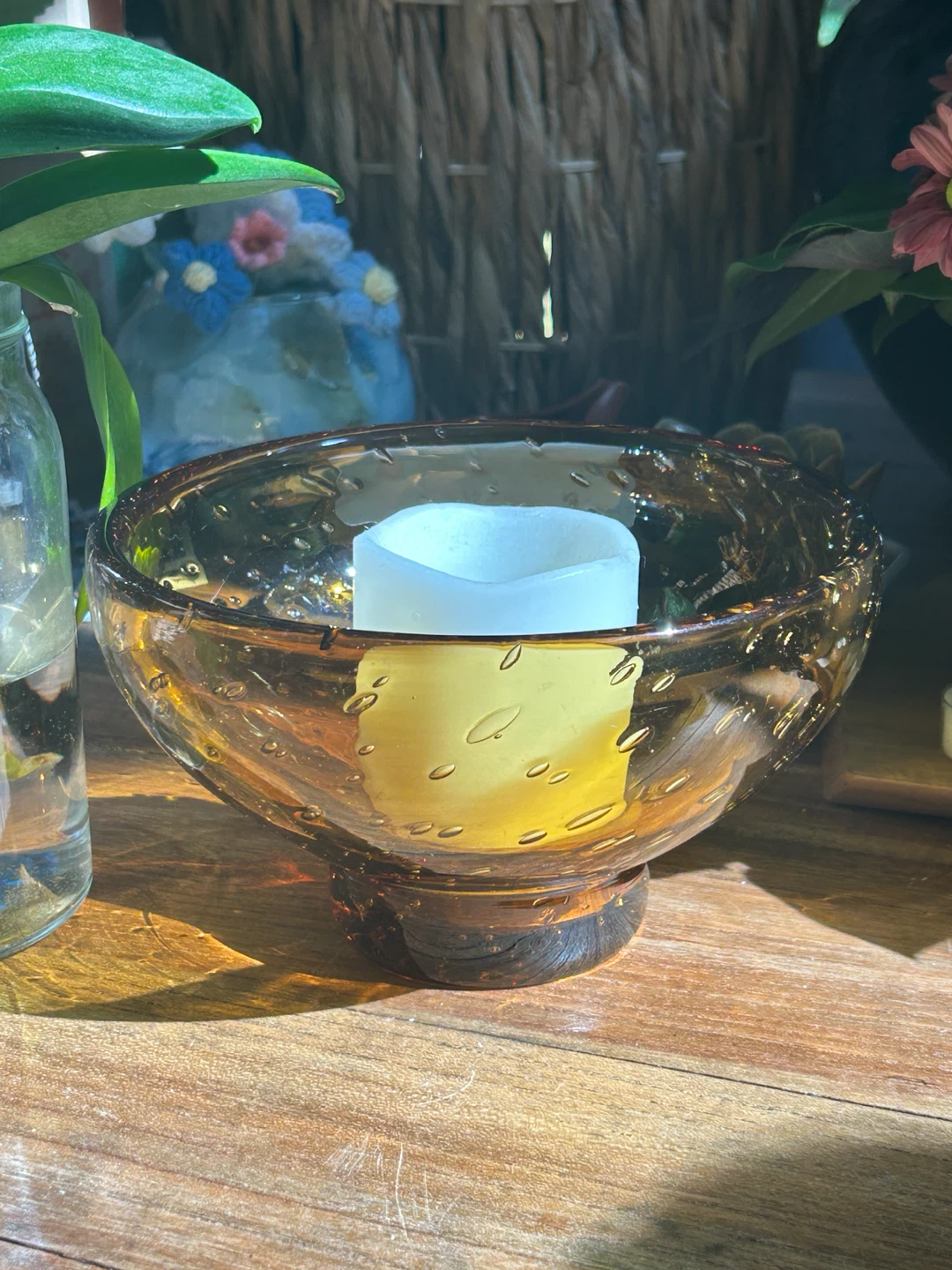 Amber Bubble Glass Pedestal Bowl