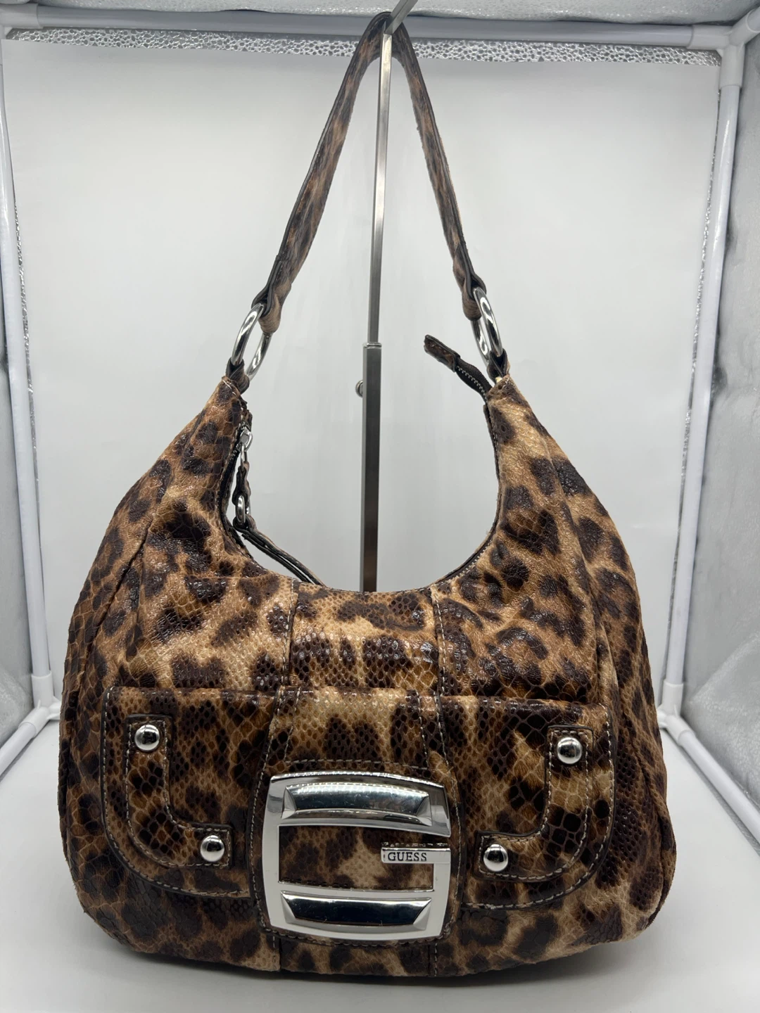 GUESS VINTAGE Y2K Cougar Leopard Print Faux Snakeskin Hobo Bag