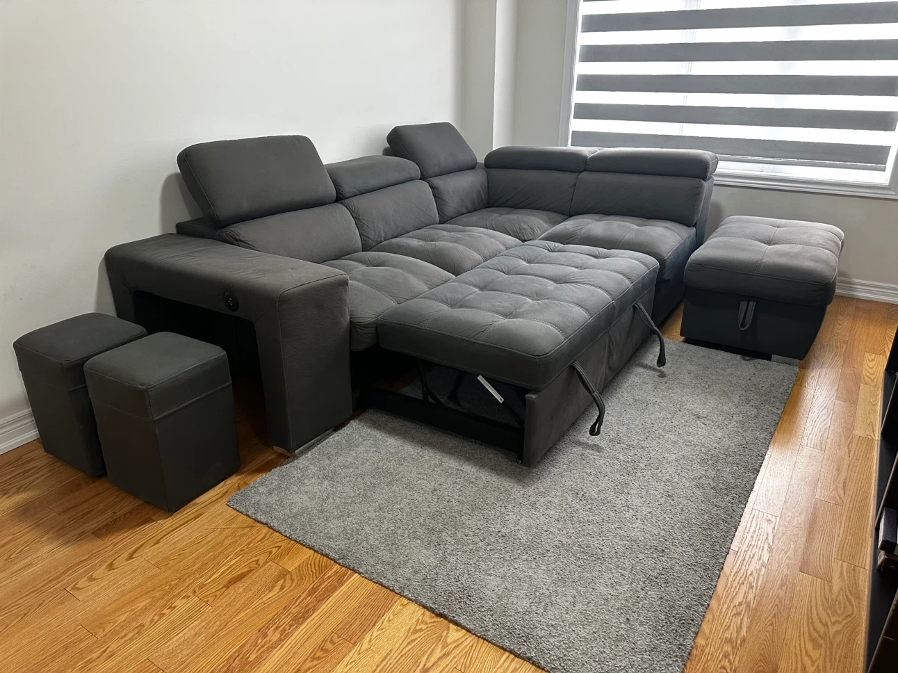 Dark Grey Sectional Sofa Bed with Storage and Stools