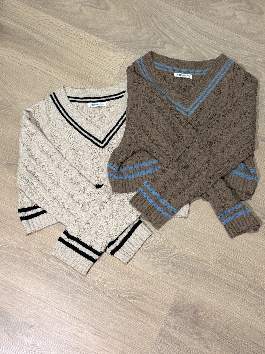 Two Cropped Cable Knit V-Neck Sweaters
