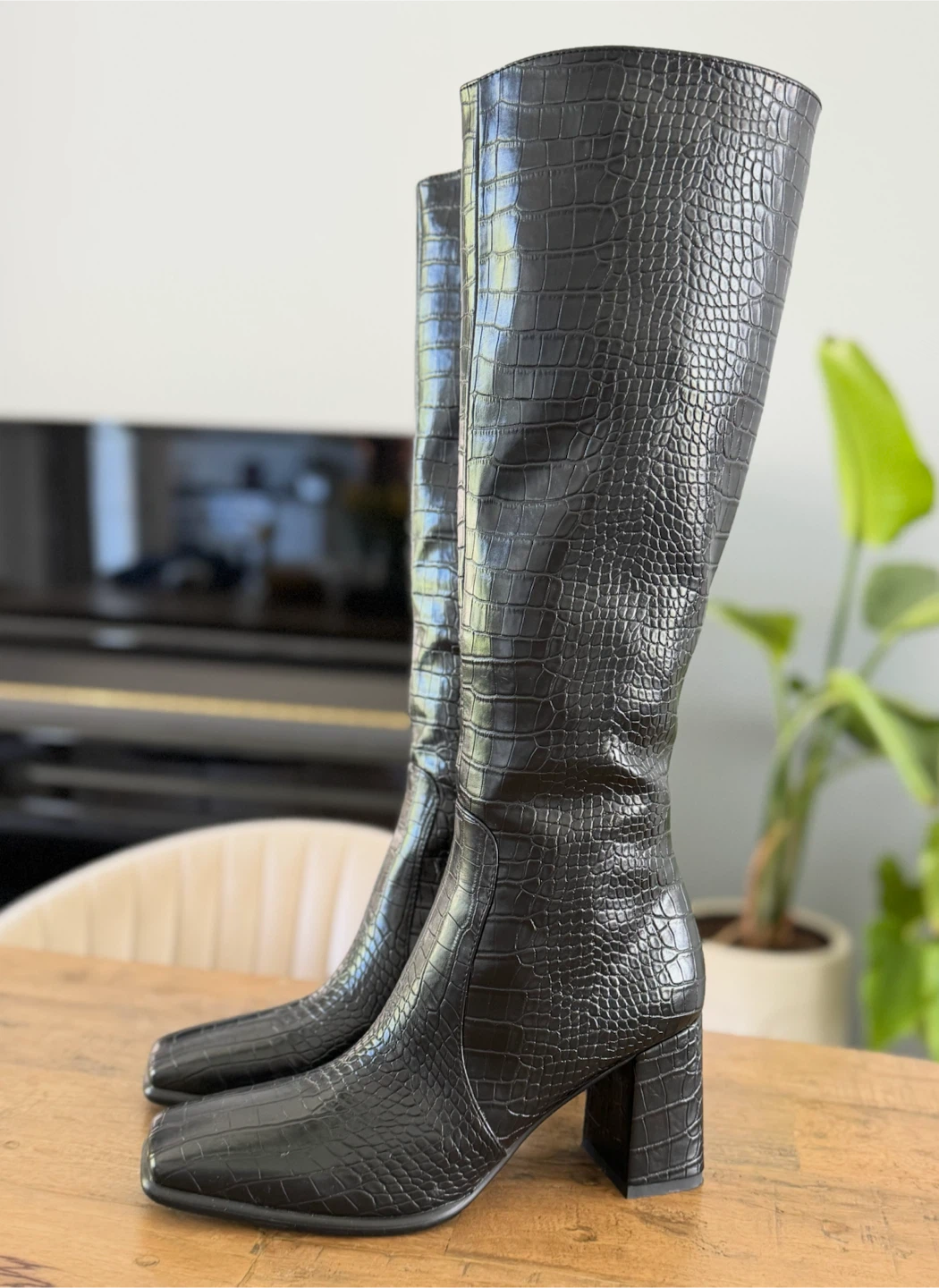 Black Crocodile-Embossed Block Heel Knee-High Boots
