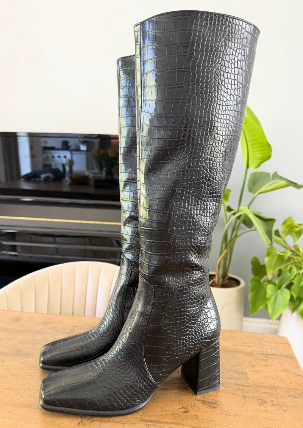 Black Crocodile-Embossed Block Heel Knee-High Boots - photo 2