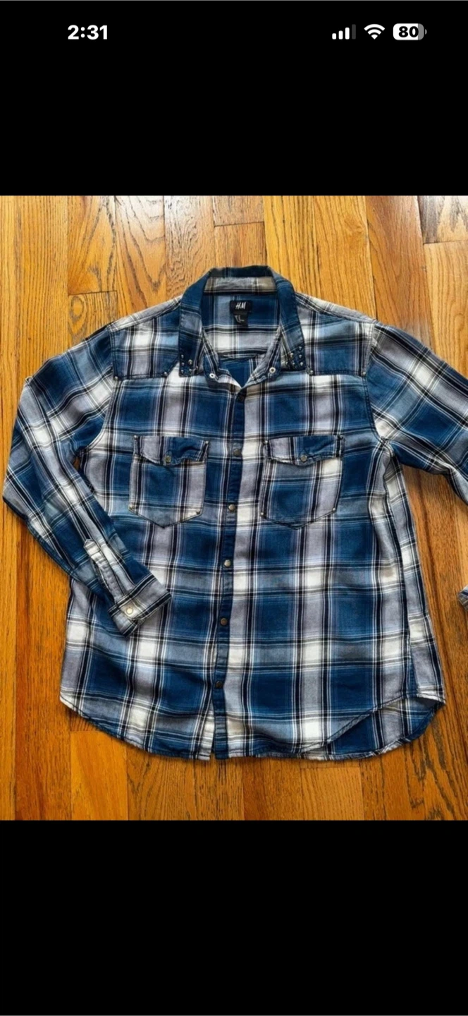 H&M Blue Plaid Studded Shirt