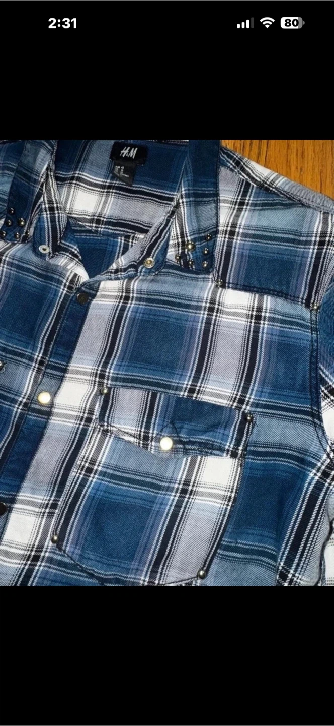 H&M Blue Plaid Studded Shirt - photo 3
