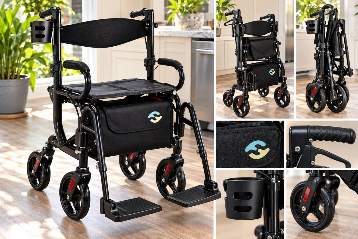 Helavo H1070 2-in-1 Rollator & Transport Chair – New/Open Box