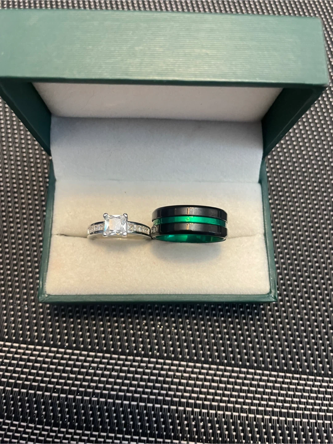 Silver-Tone CZ Ring and Black and Green Band Set