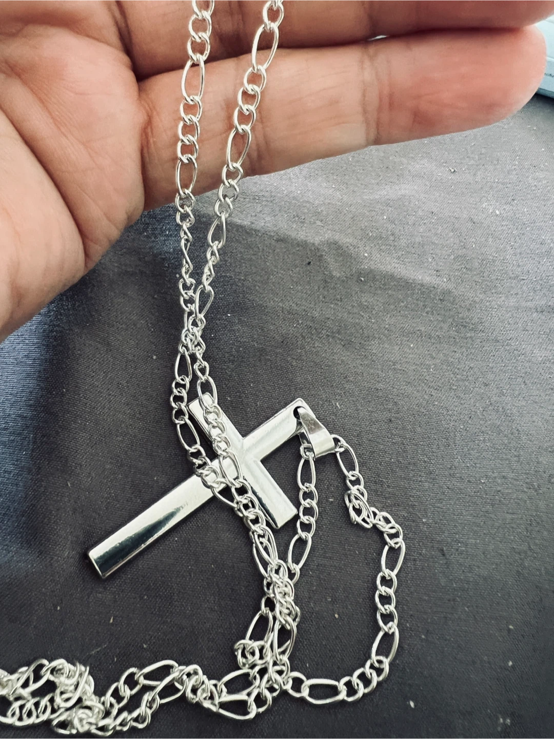 Silver-Tone Cross Pendant with Figaro Chain