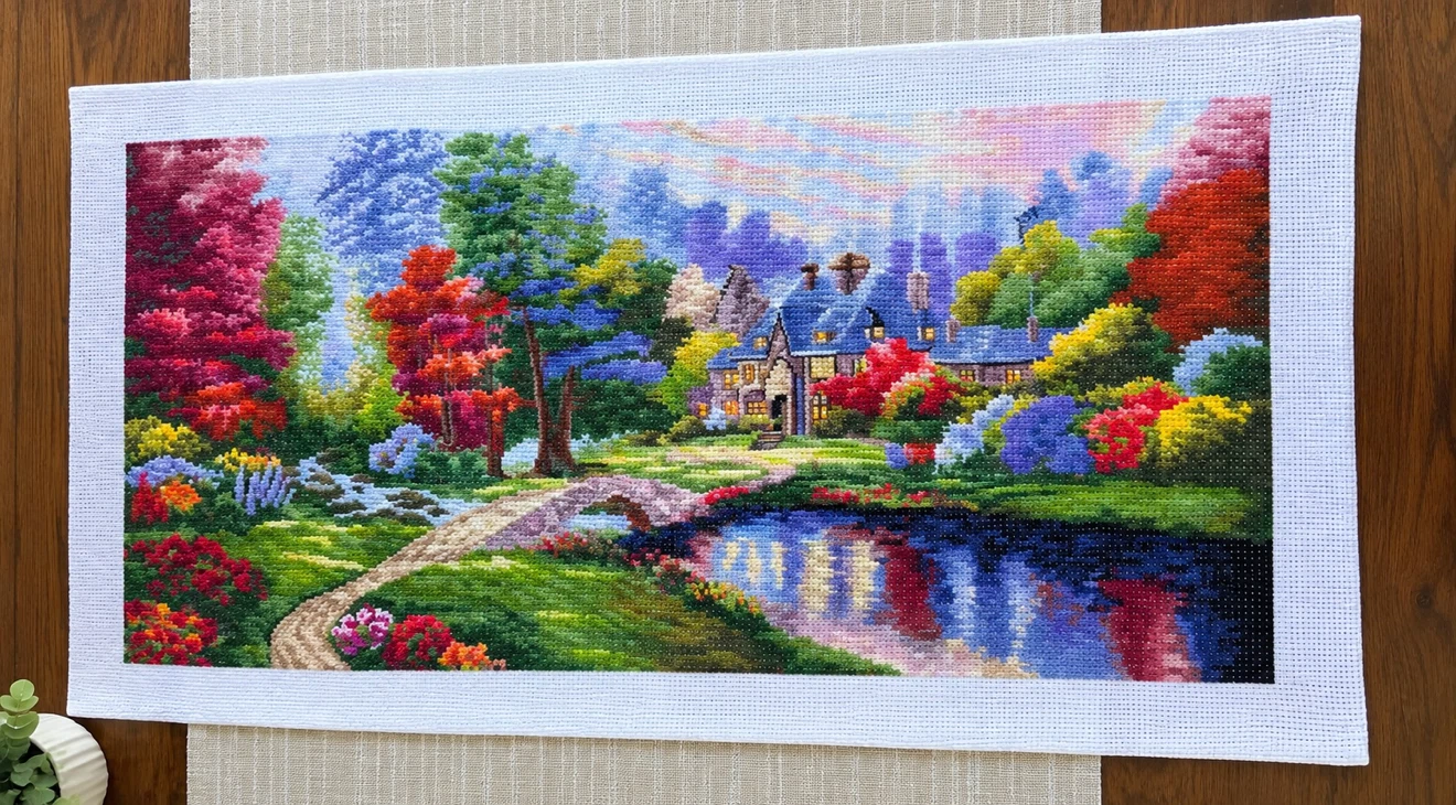 Large Hand-Stitched Landscape Cross-Stitch Artwork