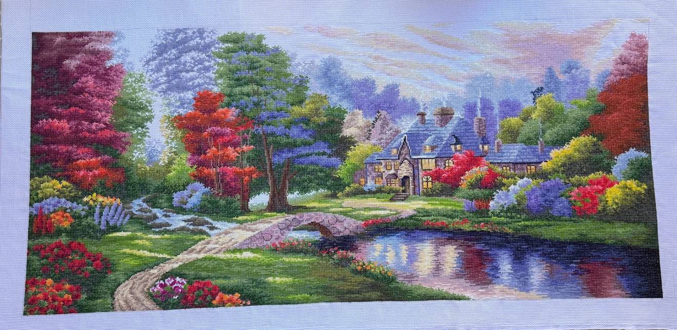 Large Hand-Stitched Landscape Cross-Stitch Artwork - photo 4