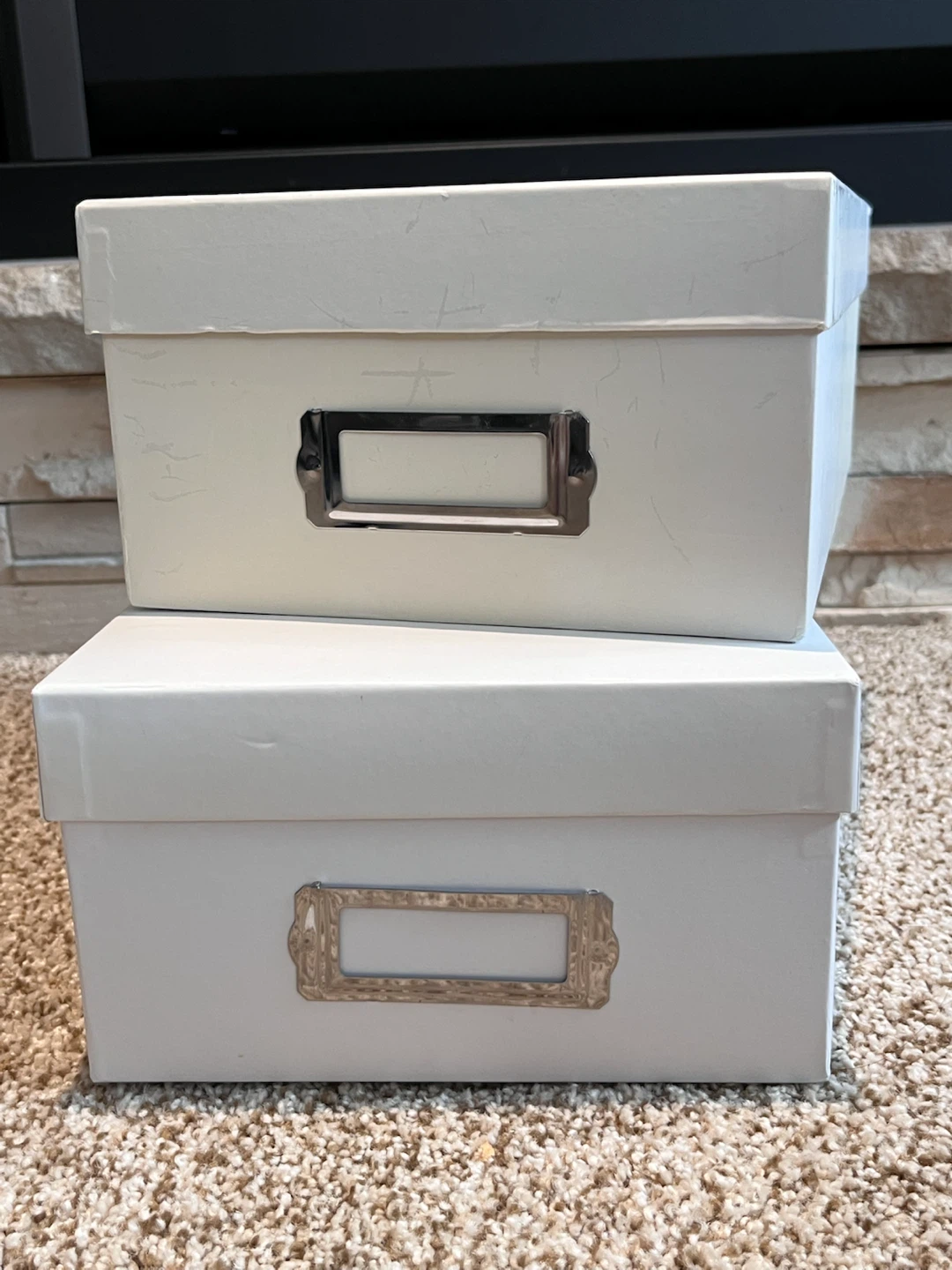 Two White Storage Boxes with Label Holders