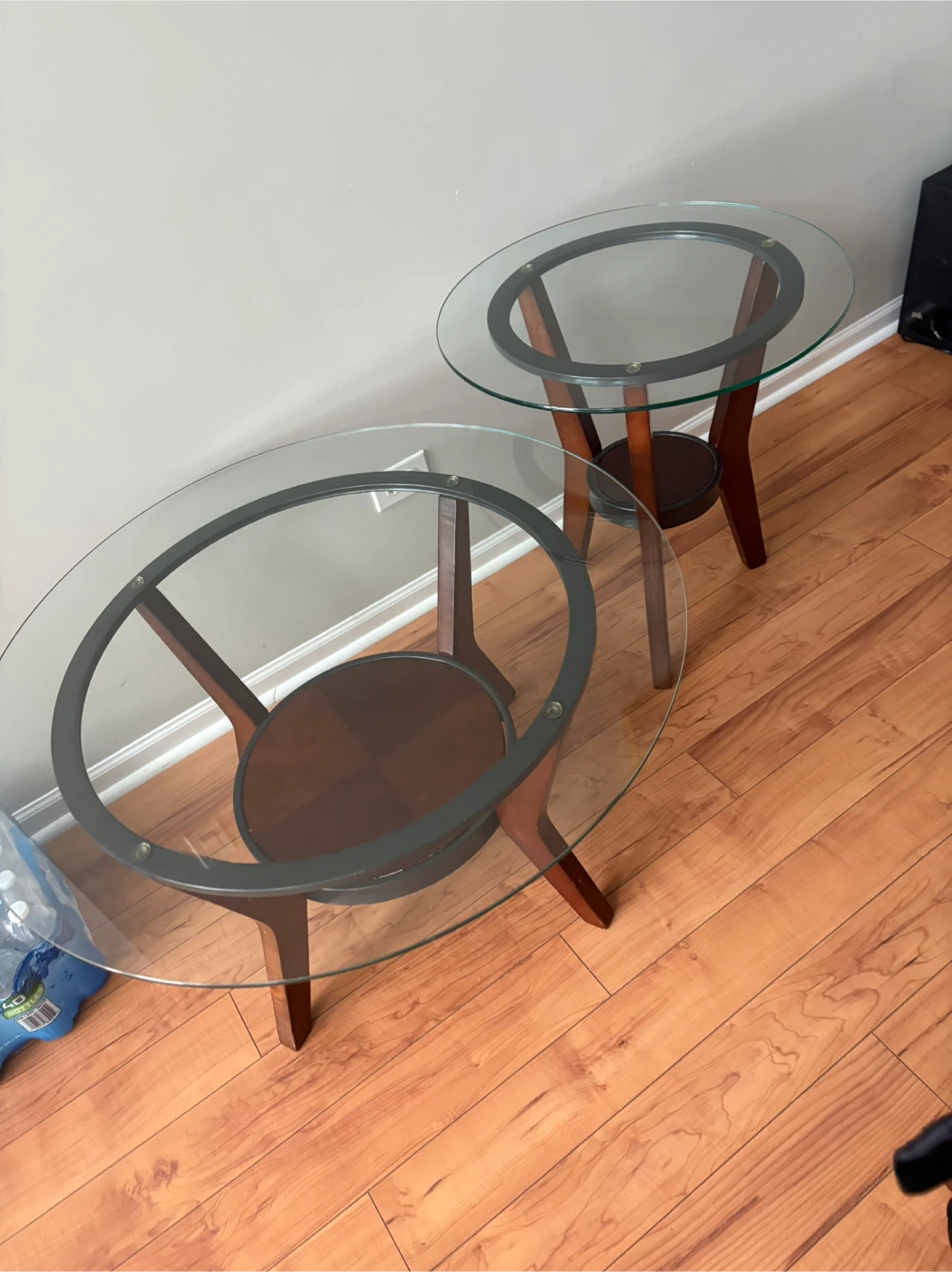 Set of Two Round Glass and Wood Tables - photo 2