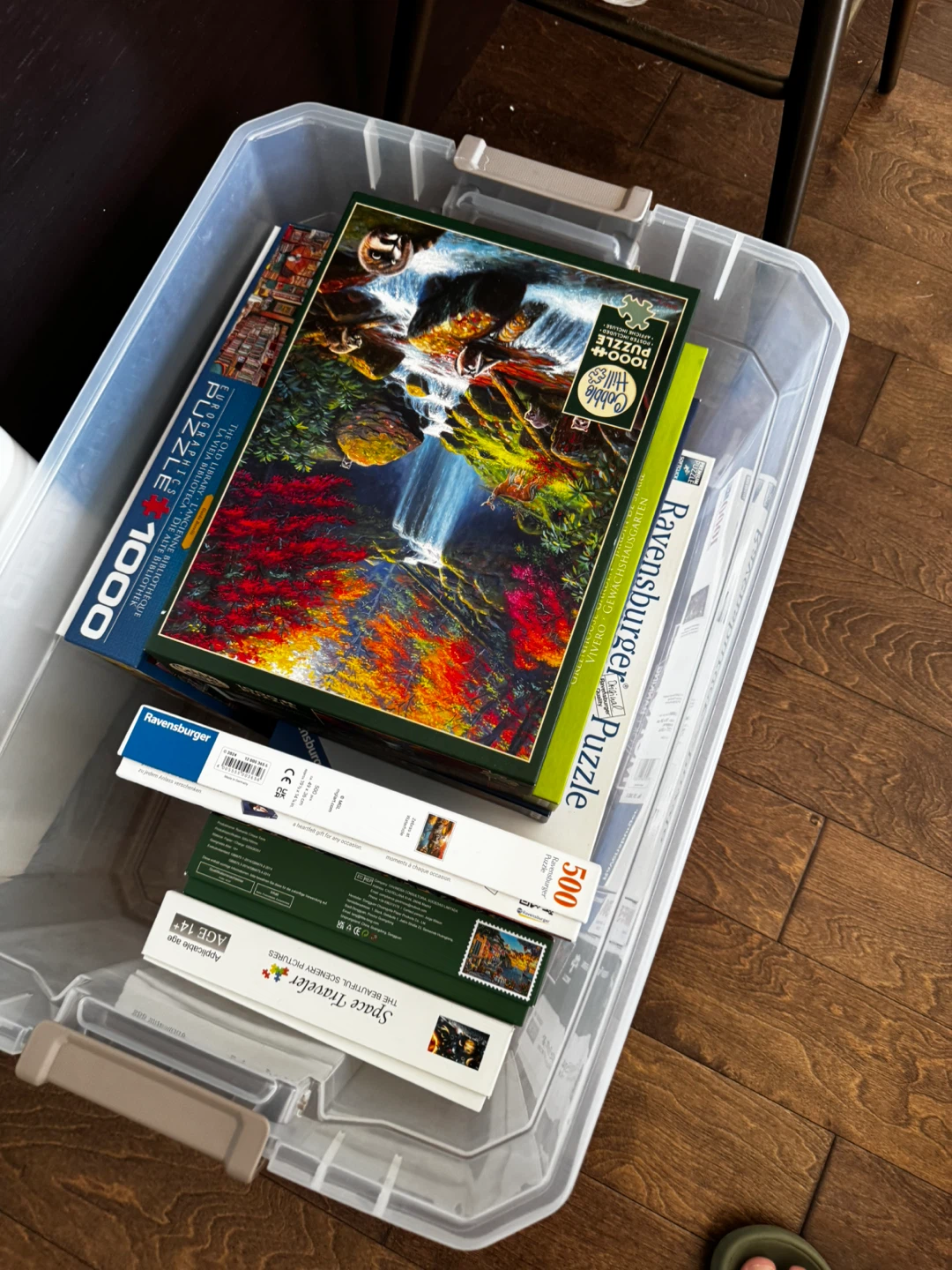 8 Assorted Jigsaw Puzzles with Storage Bin