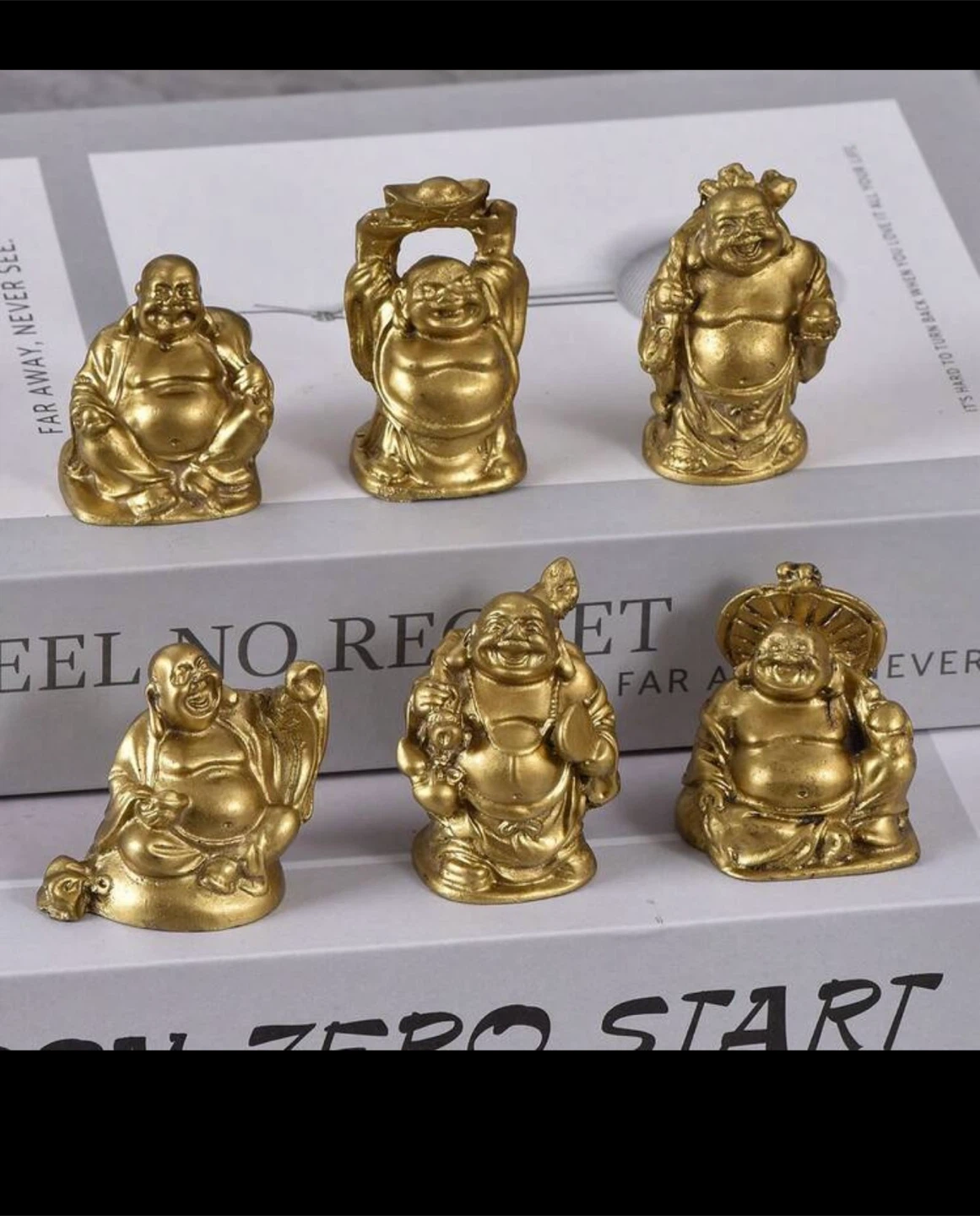 Set of 6 Mini Gold-Tone Laughing Buddha Figurines