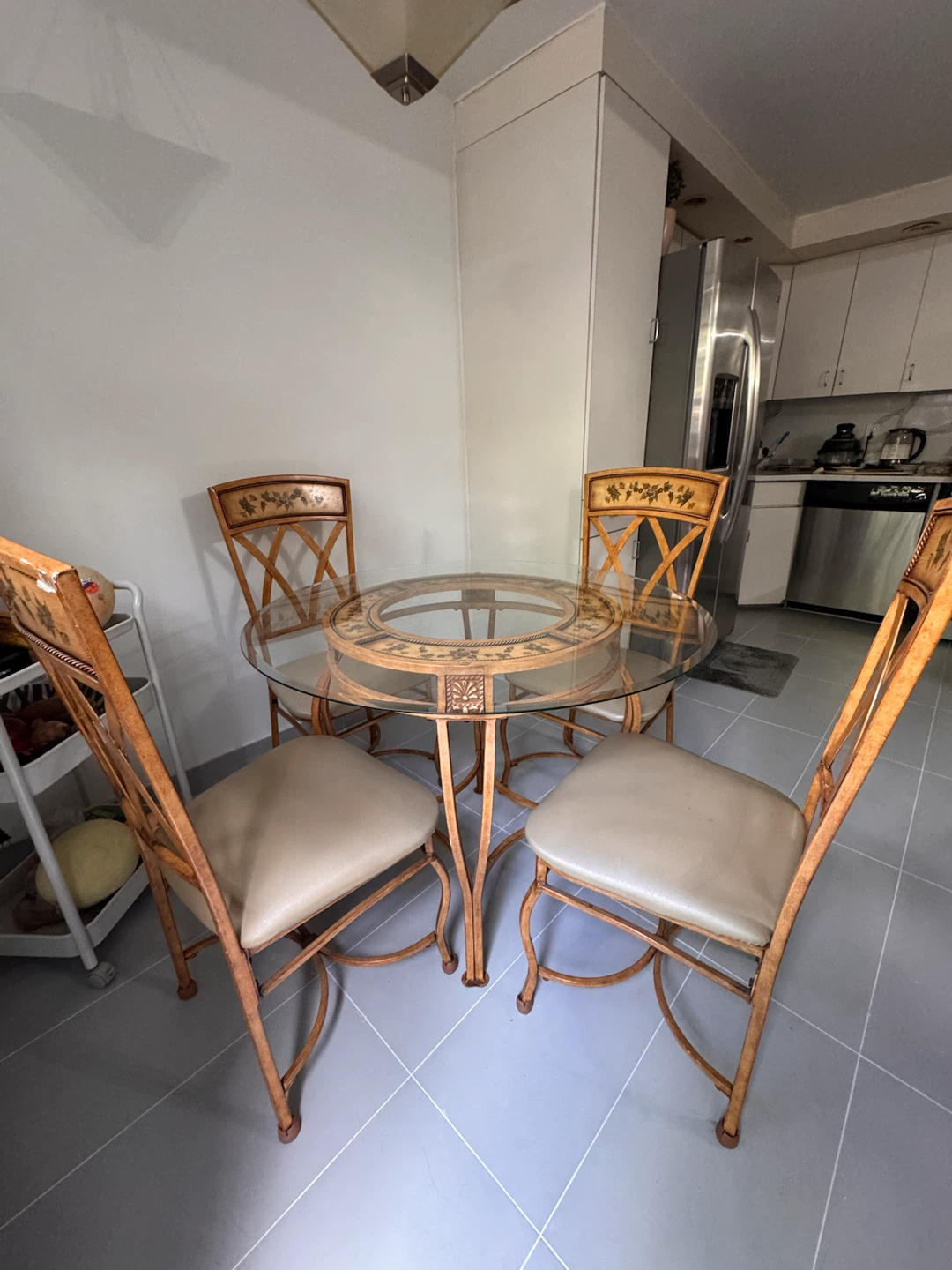 Floral Glass Dining Table Set with 4 Chairs
