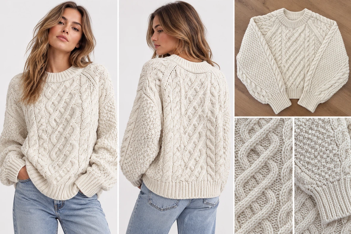 H&M Soft Chunky Cable-Knit Sweater, Cream, Oversized Fit, Size L
