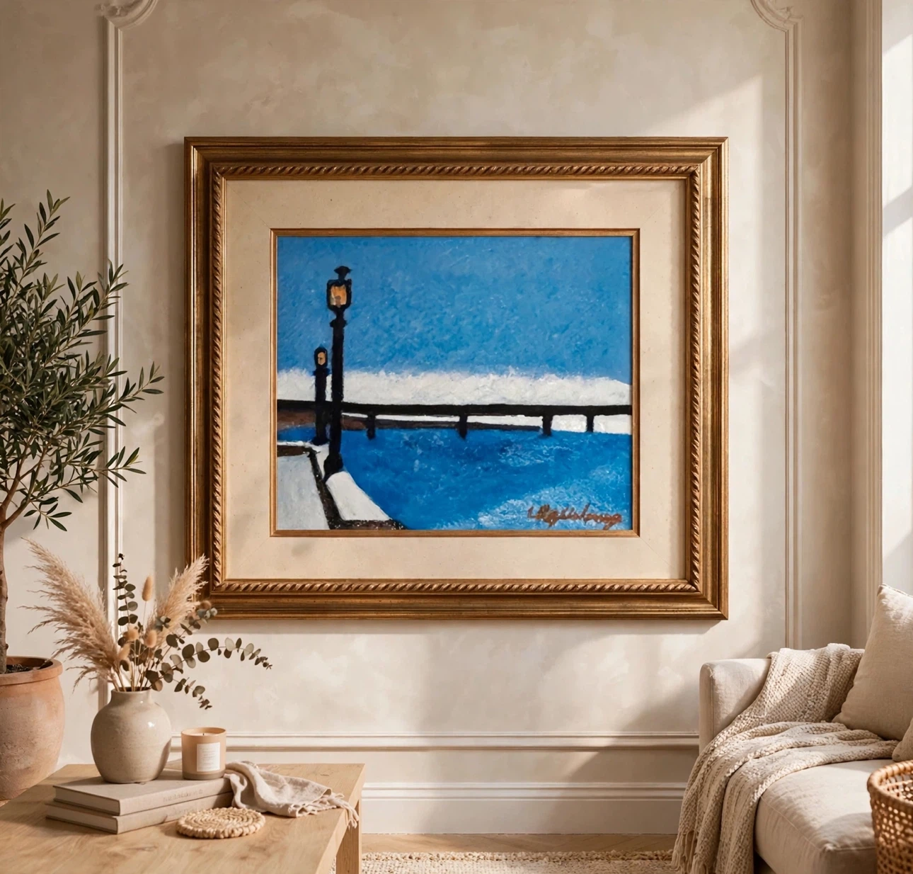 Framed Oil Painting of Street Lamp Scene