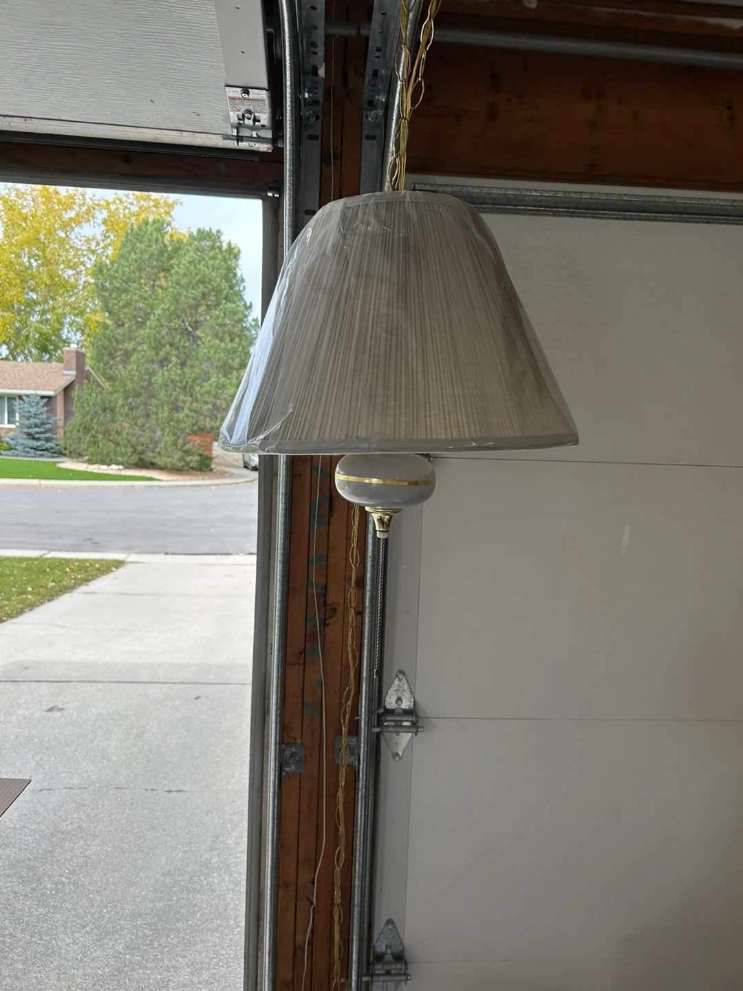 Three Vintage Brass and Fabric Hanging Lamp
