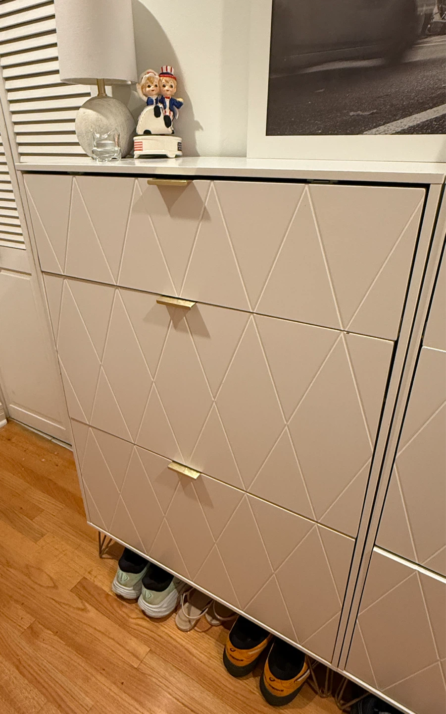 Modern White Shoe Cabinet with Gold Accents - photo 4