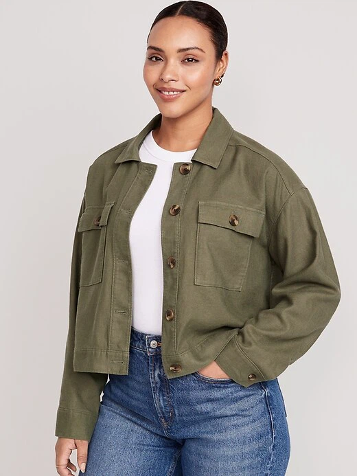 Linen-Blend Cropped Utility Jacket, 3X