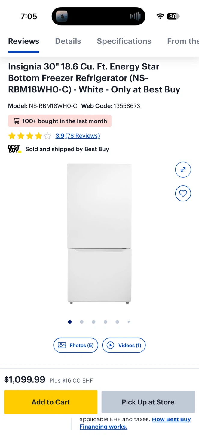 Insignia 18.6 Cu. Ft. Bottom Freezer Refrigerator - White
