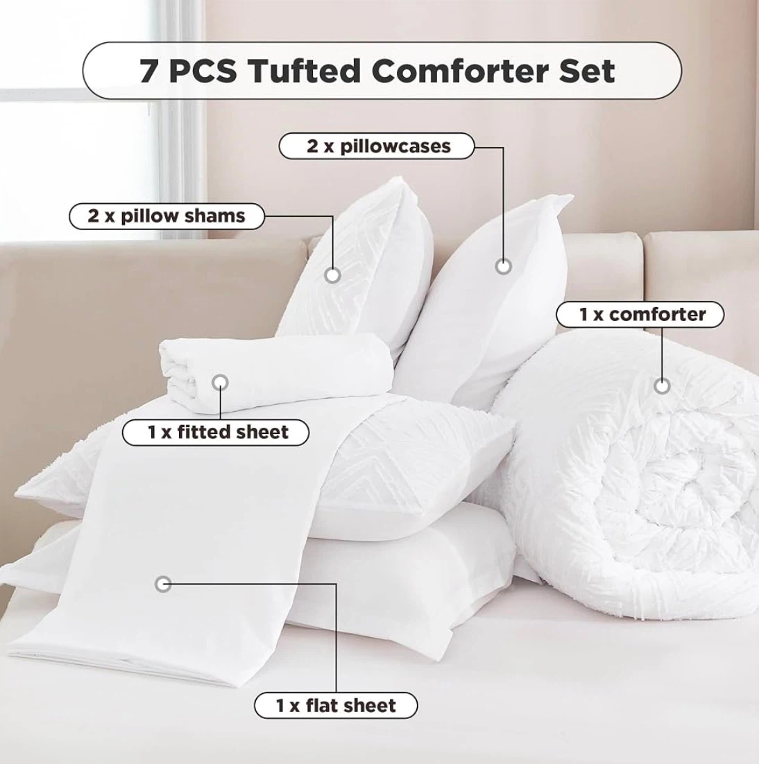 7-Piece King Size Tufted Comforter Set in White - photo 3