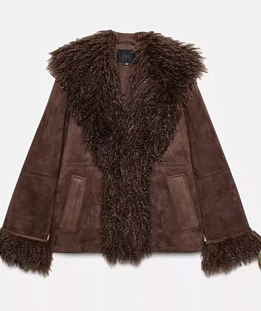 Zara Brown Faux Fur Trim Suede Jacket