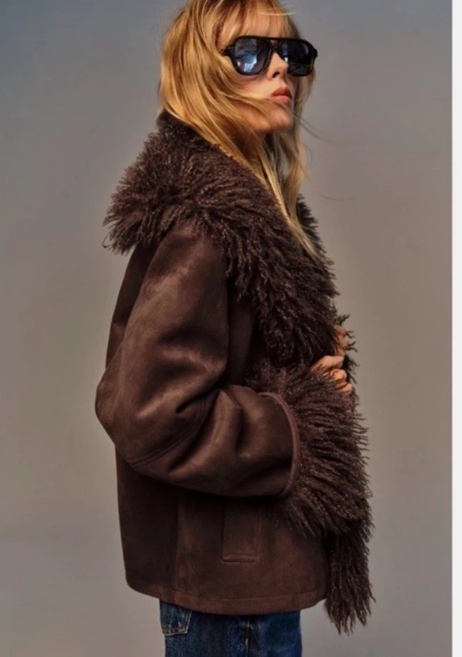 Zara Brown Faux Fur Trim Suede Jacket - photo 3