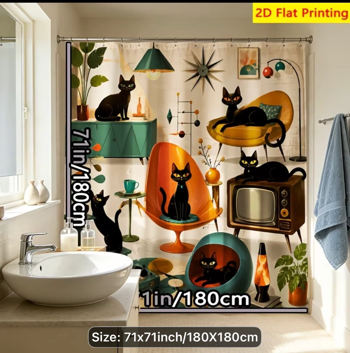 NEW: Mid-Century Modern Retro Cat Shower Curtain - photo 3