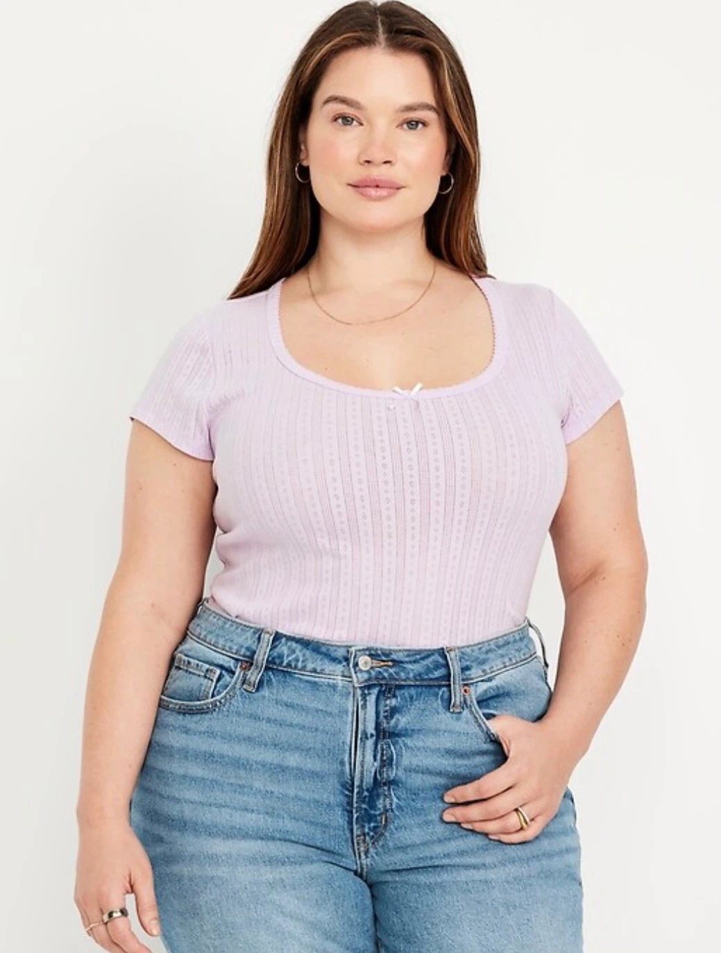 Lace-Trim Ribbed Pointelle T-Shirt, 3X