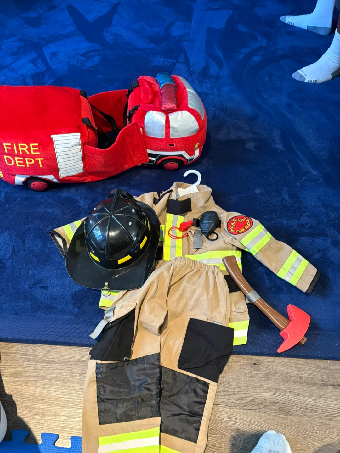 🚒 Fire Fighter Costume + Fire Truck Pullover — $30