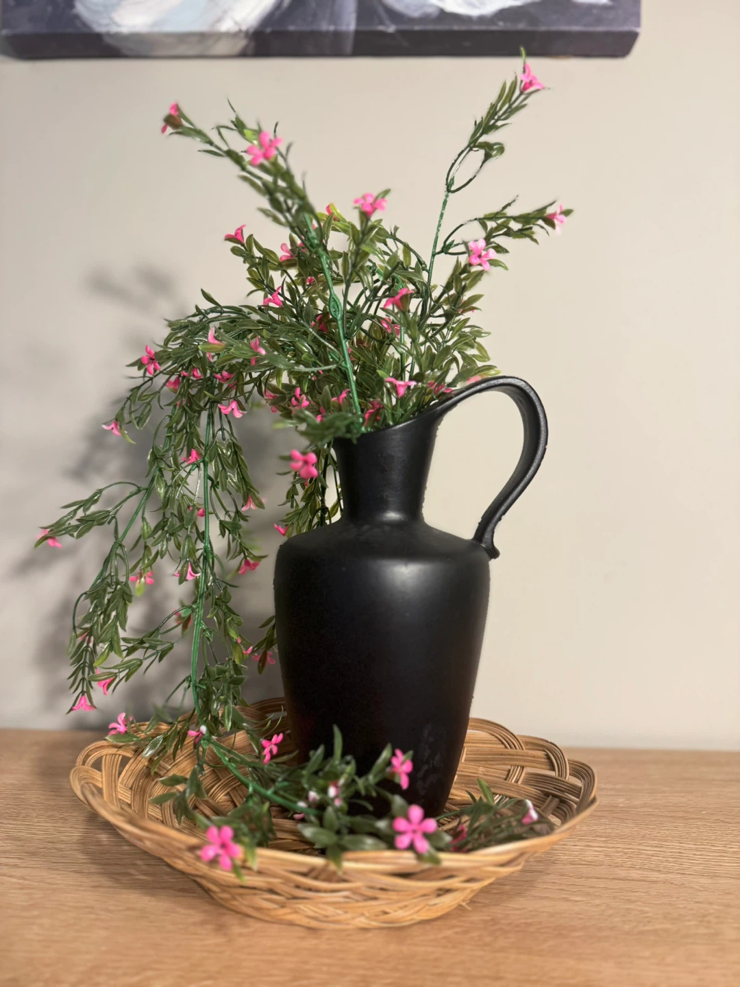 Black Pitcher Vase with Faux Pink Flowers